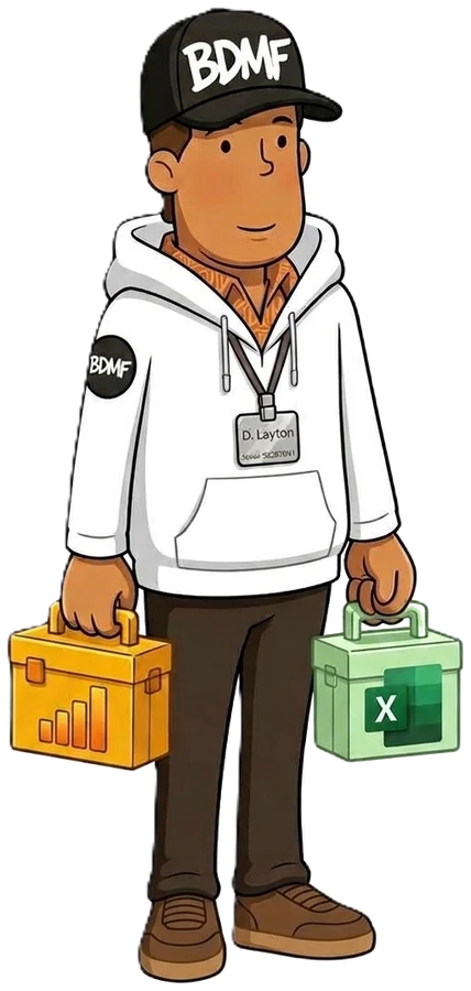 Ilustración del técnico de Be Data My Friend con gorra BDMF, sudadera blanca y una caja de herramientas en cada mano.